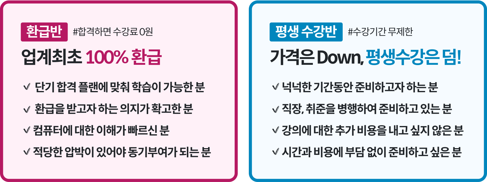 업계최초 100% 환급반 / 합격할 때까지 평생 수강반